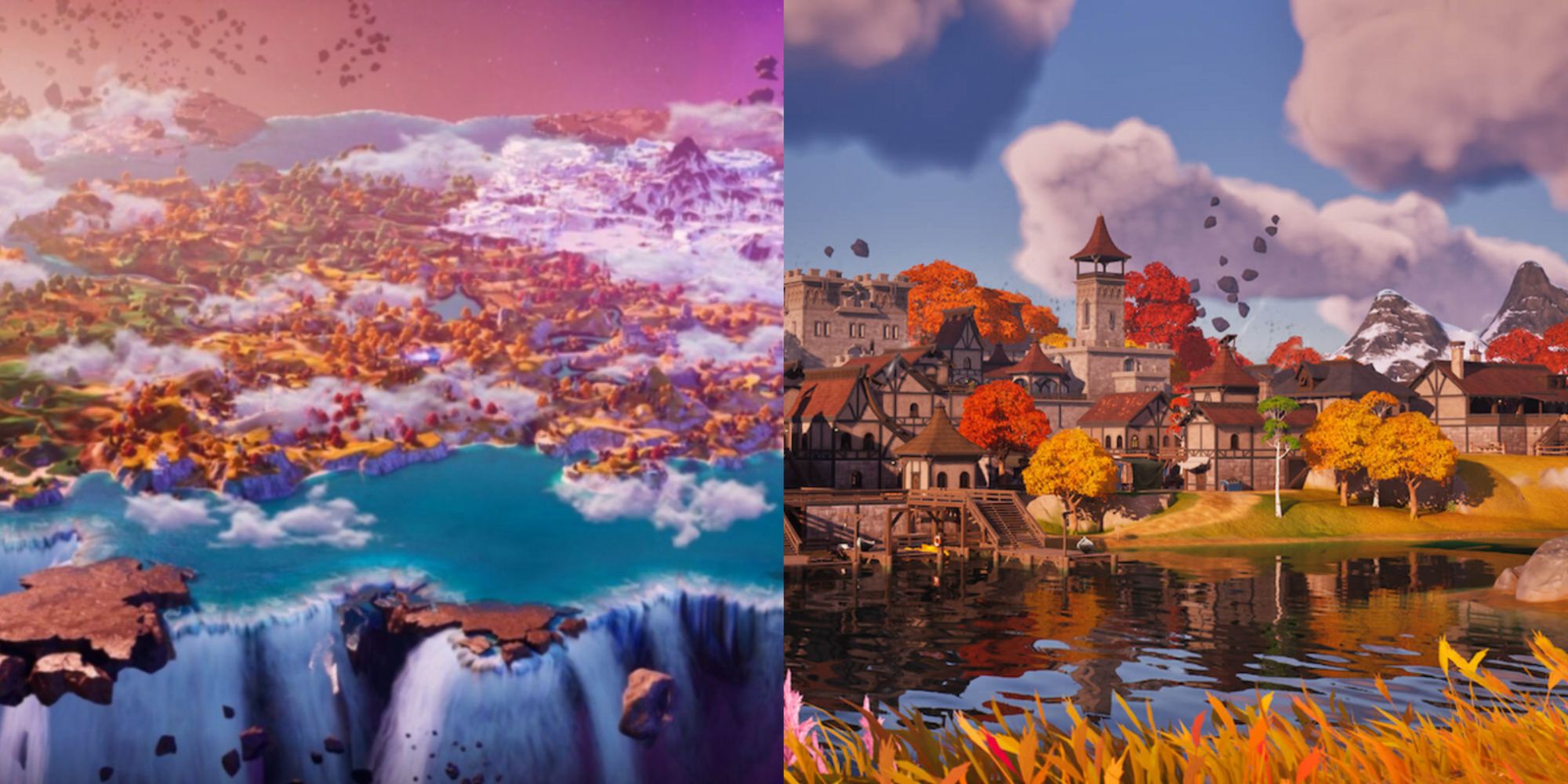 A split image of the entire Fortnite Chapter 4 Map, and a medieval city in Fortnite Chapter 4