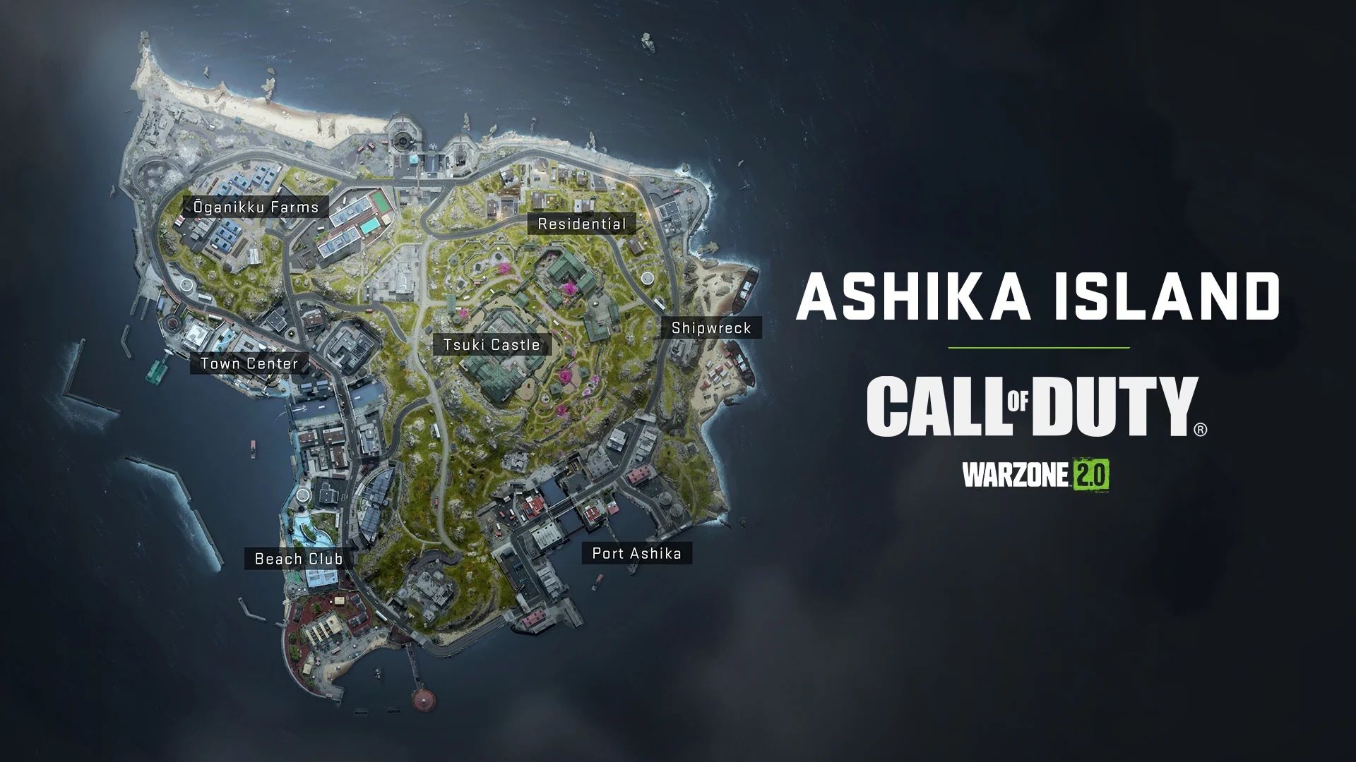 Carte de l'île Ashika de Warzone 2 avec des lieux d'atterrissage nommés 