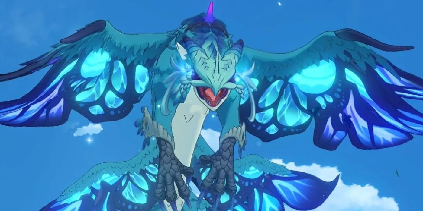 Les dragons Dvalin de Genshin Impact volent dans le ciel avec ses ailes déployées.  Le ciel est dégagé derrière.