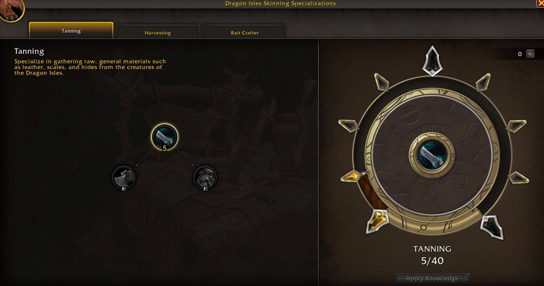 La spécialisation Tannage pour Skinning dans World of Warcraft.