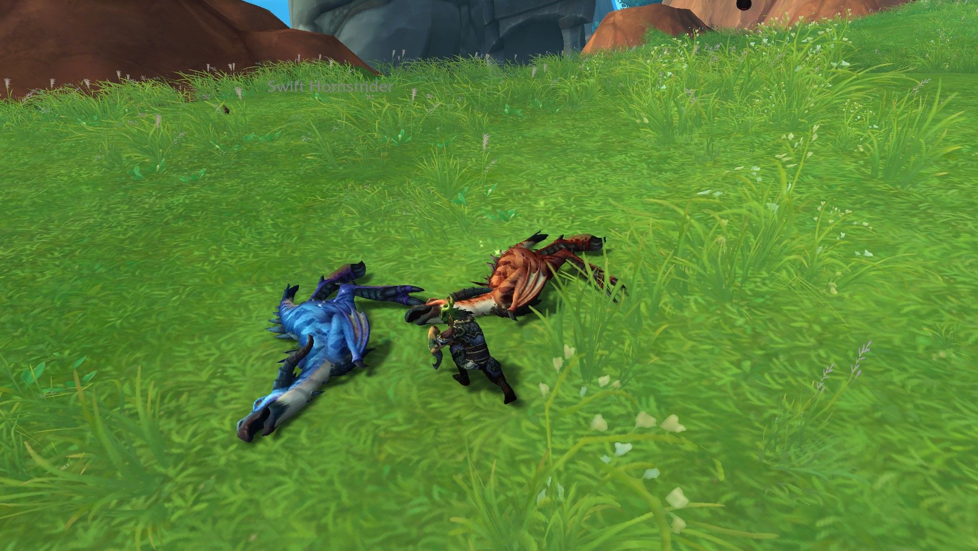 Un Skinner en train de prendre des écailles à Swift Hornstriders dans World of Warcraft.