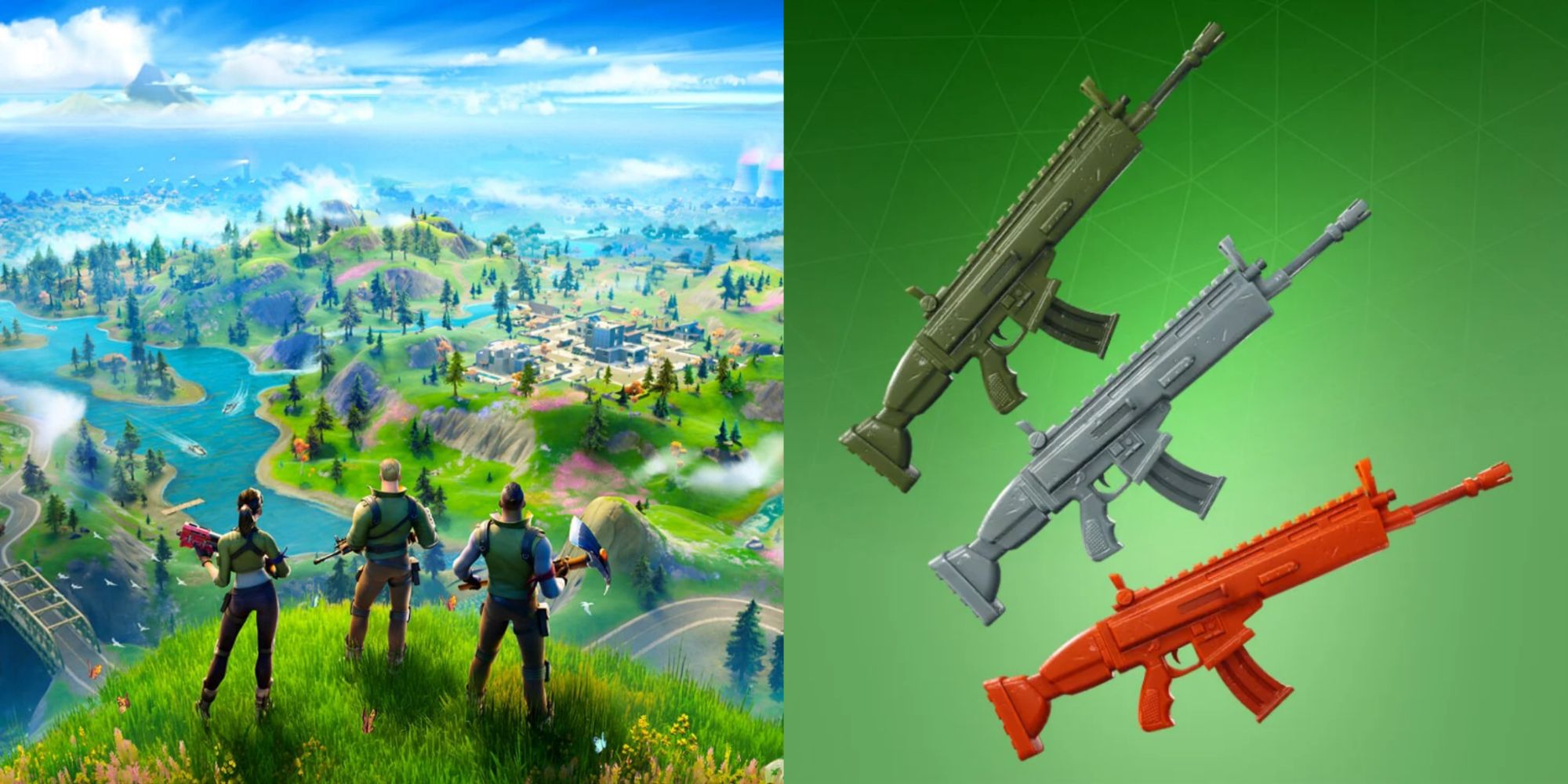 A split image showcasing three fortnite players on a cliff and three fortnite guns with different gun wraps