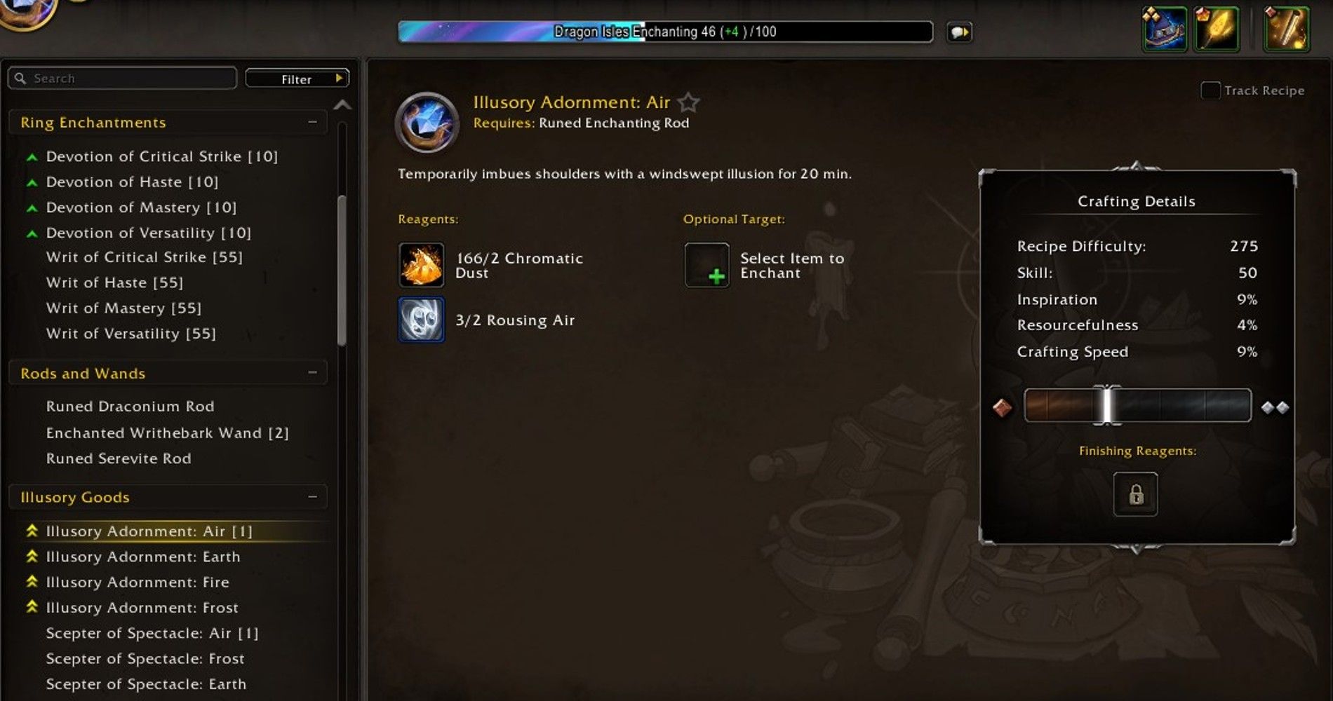 L'écran de fabrication pour Parure illusoire : Air au niveau 46 dans World of Warcraft.