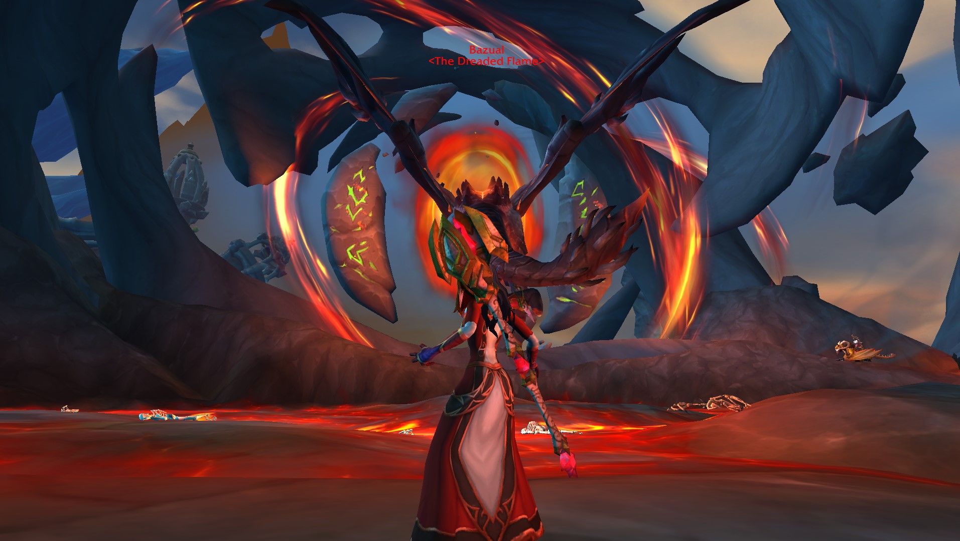 Un mage de feu sur le point de combattre le boss mondial Bazual dans World of Warcraft.