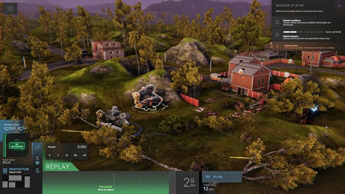 Revue de Phantom Brigade - une rediffusion d'une action entre deux mechs parmi des maisons et des collines