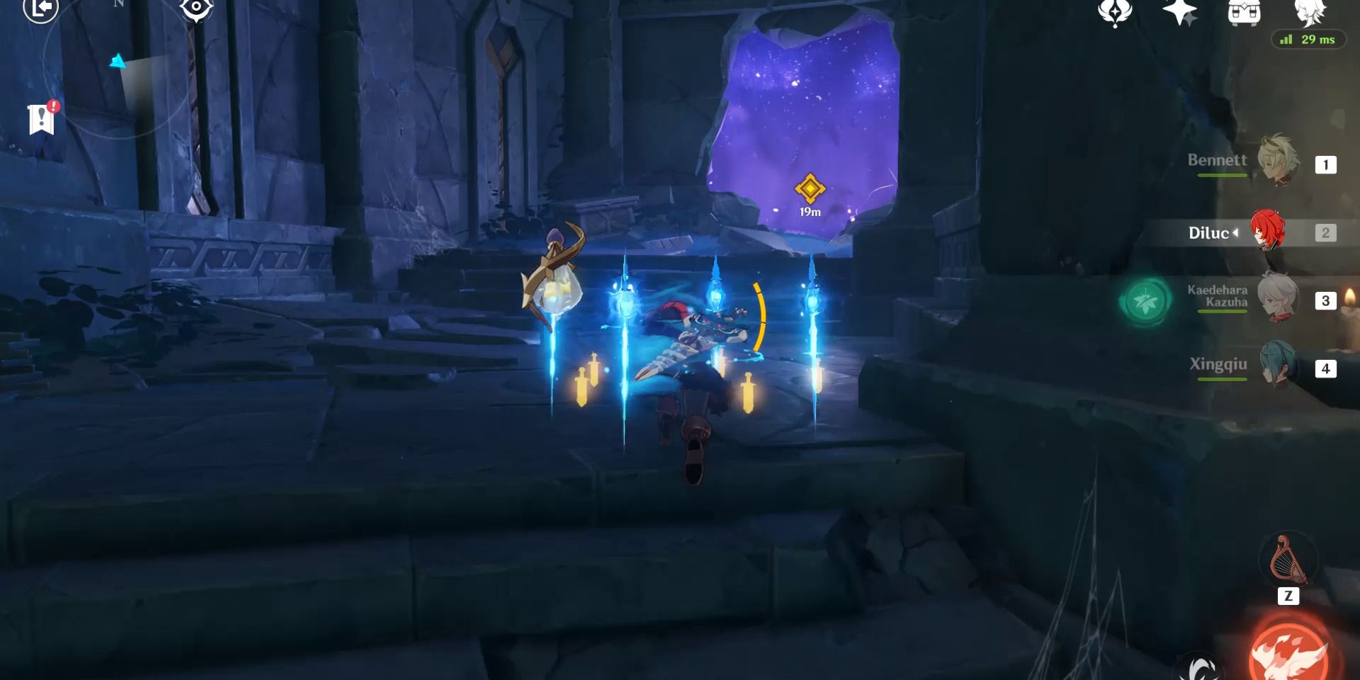 Image de l'entrée violette du sanctuaire inconnu de Genshin Impact.