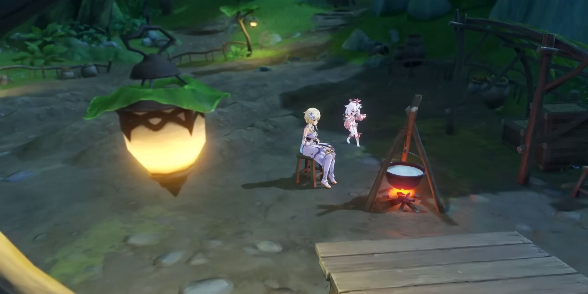 Image du camping à l'extérieur de la petite maison dans la quête Caribert à Genshin Impact.