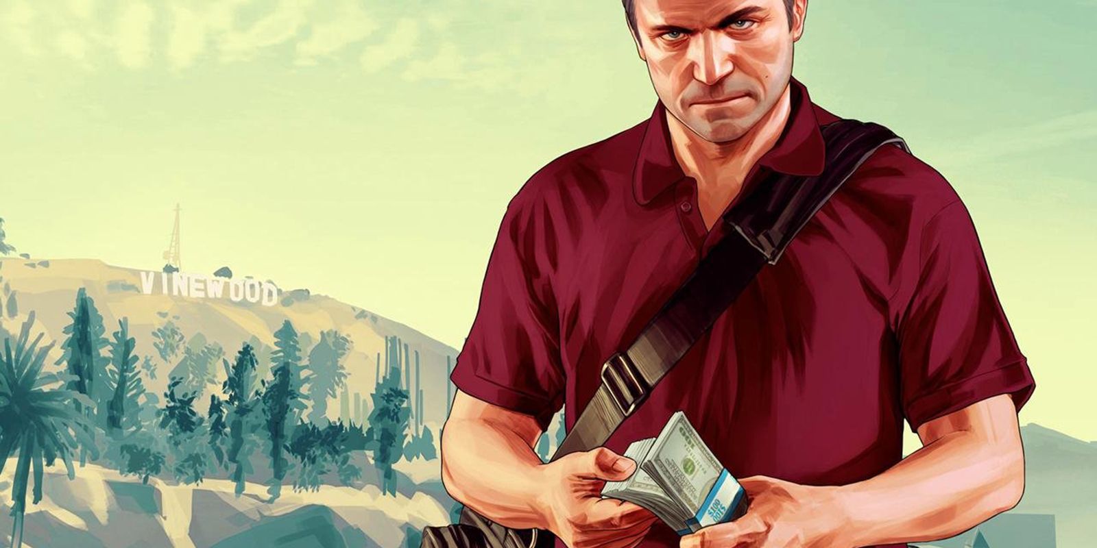 Un personnage de Grand Theft Auto 5 tenant une pile d'argent