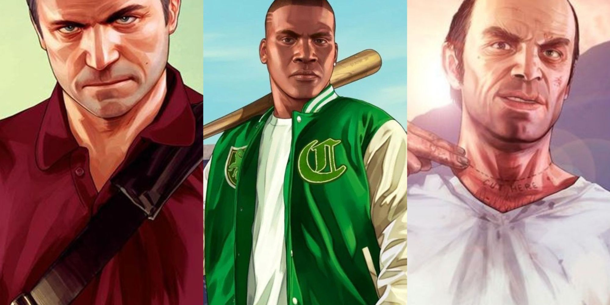 Grand Theft Auto 5 Characters First And Last Lines Split Image of Michael, Franklin, and Trevor
