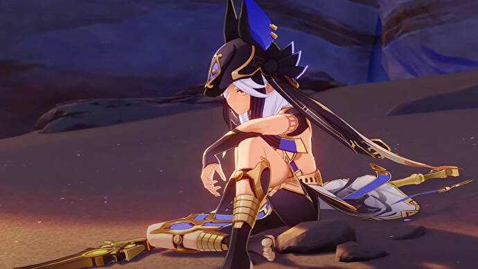Genshin Impact Cyno build : Un jeune homme avec un chapeau de loup est assis sur un rocher