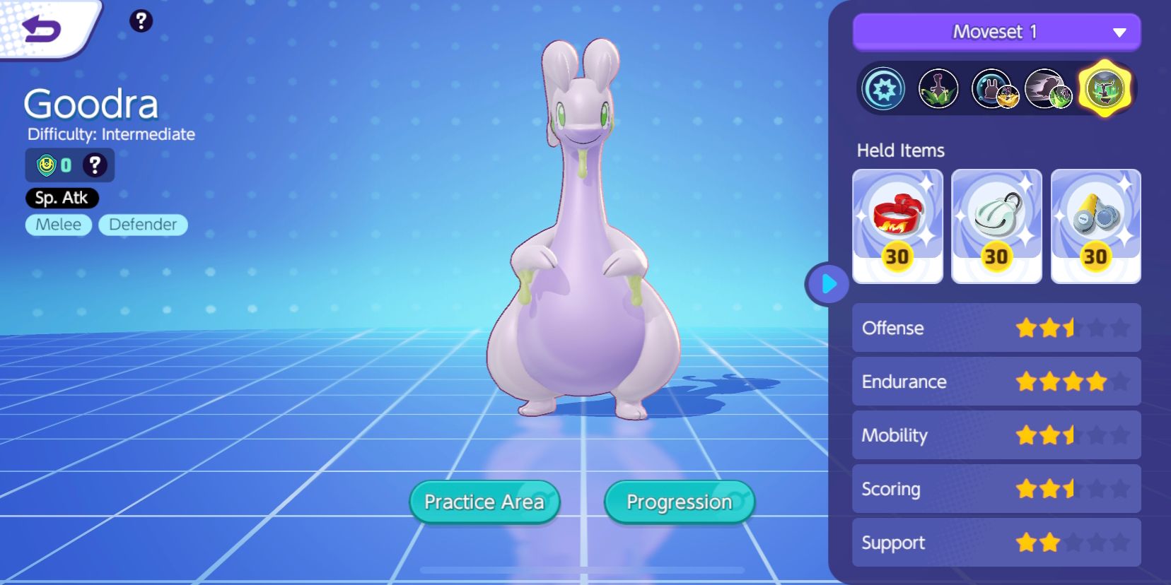 Goodra de l'écran de sélection des personnages de Pokemon Unite, montrant ses statistiques et ses objets conservés
