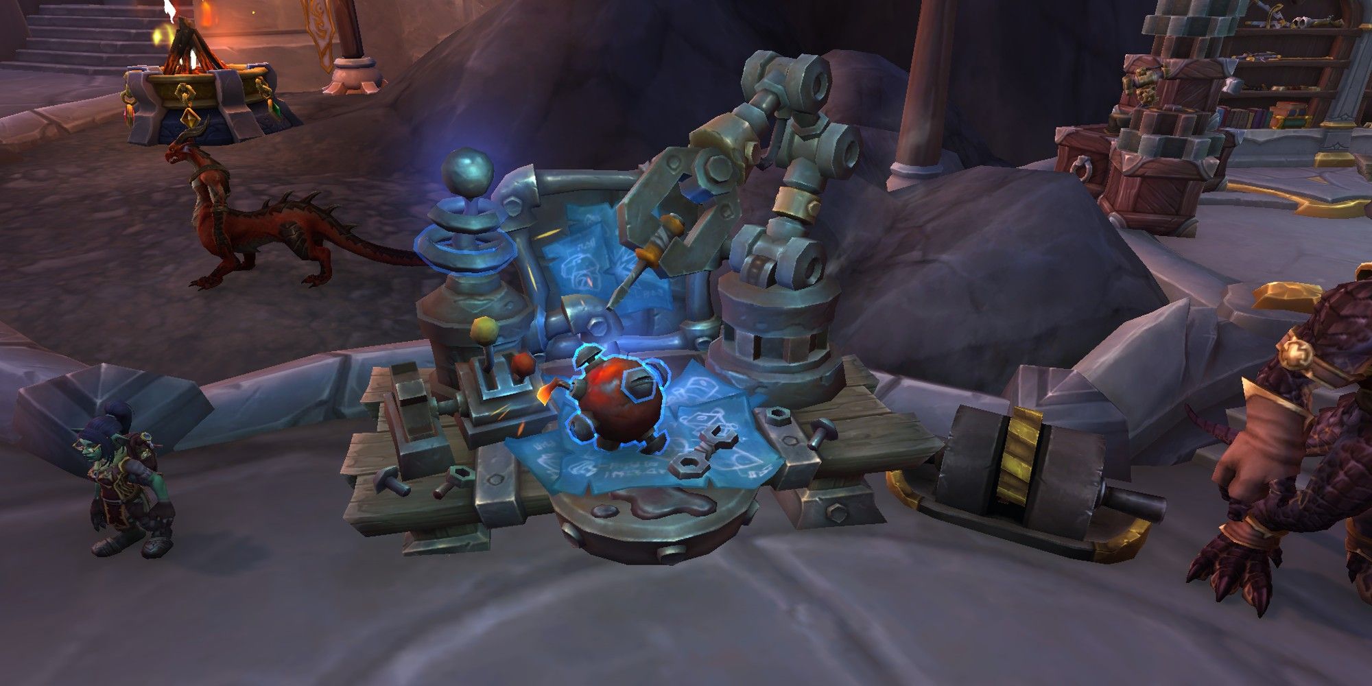 Un établi de bricoleur, un poste de travail d'ingénierie, à Valdrakken dans World of Warcraft.