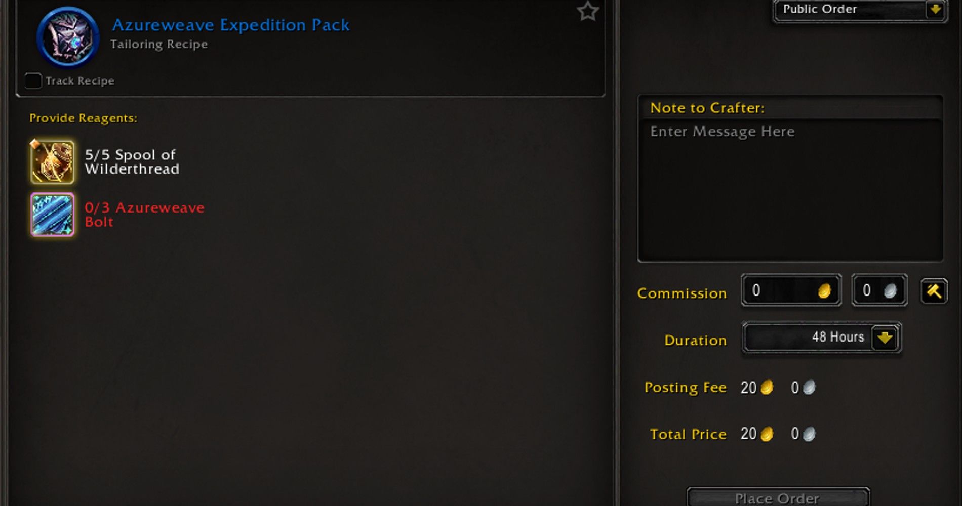 Demander une commande d'artisanat pour un pack d'expédition Azureweave dans World of Warcraft.