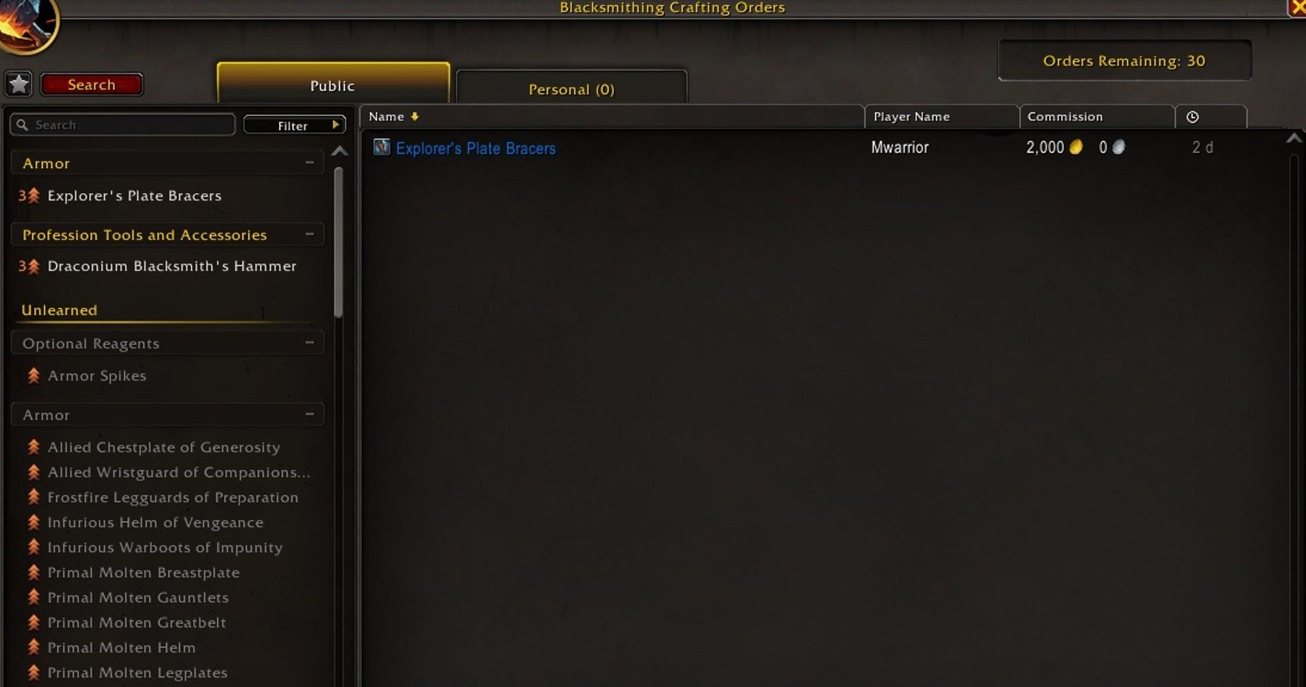 Un ordre d'artisanat de forgeron du point de vue de l'artisan dans World of Warcraft.