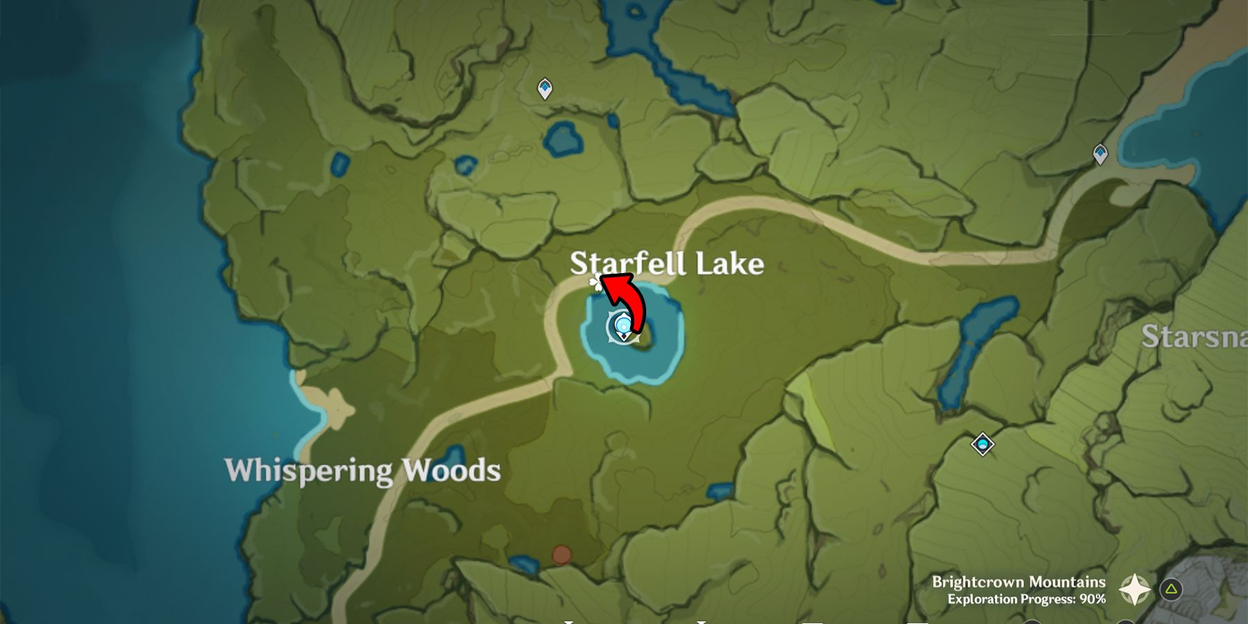 emplacement de l'aster de l'éolienne d'impact Genshin dans le lac starfell