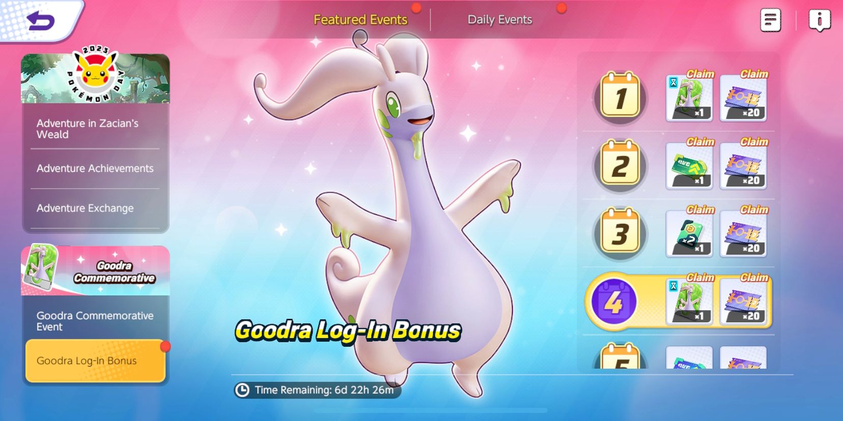 Écran d'événement Goodra Log-In Bonus de Pokemon Unite, montrant différentes récompenses de connexion