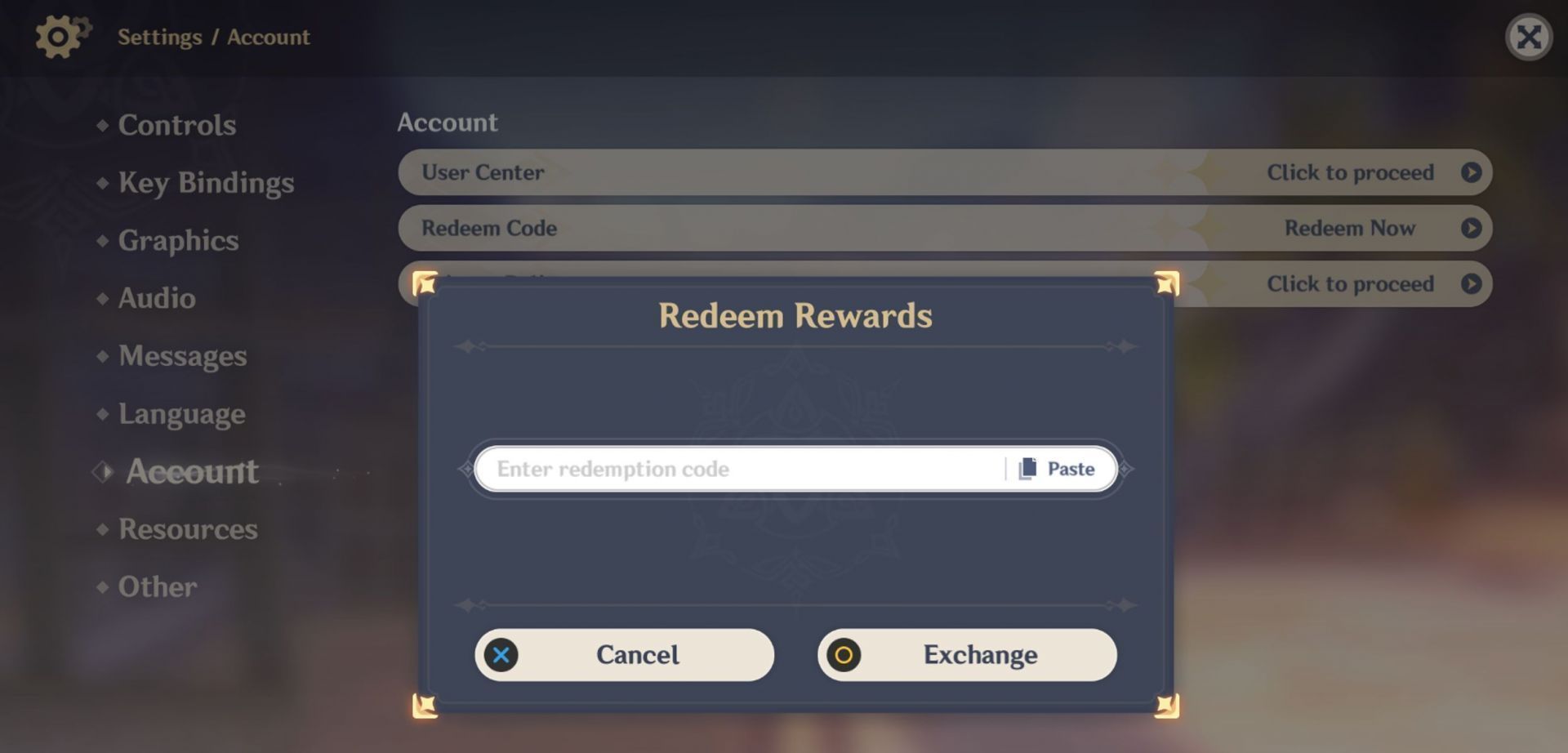 Vous pouvez également entrer des codes dans le jeu (Image via HoYoverse)