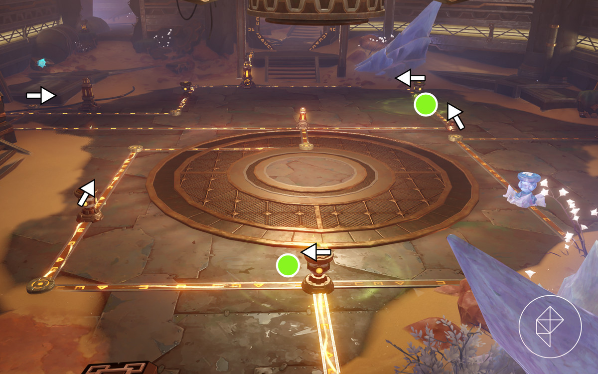 Comme le montre la lumière de Khvarena : solution de puzzle Nirodha indiquée par des flèches indiquant où vous devez tourner les cadrans et des orbes vertes indiquant où placer les Farrwicks dans Genshin Impact.