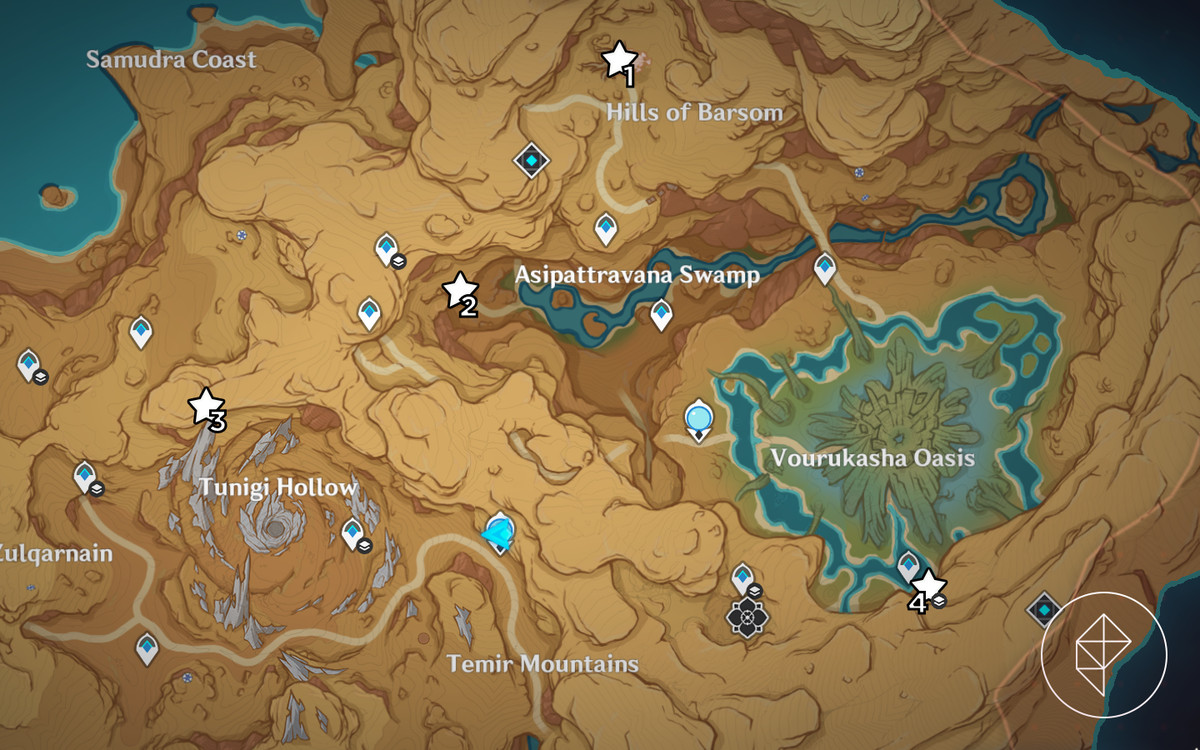 Tous les emplacements des fragments de monuments perdus dans la ceinture des sables publiés dans le patch 3.6 de Genshin Impact pour la quête d'étude monumentale