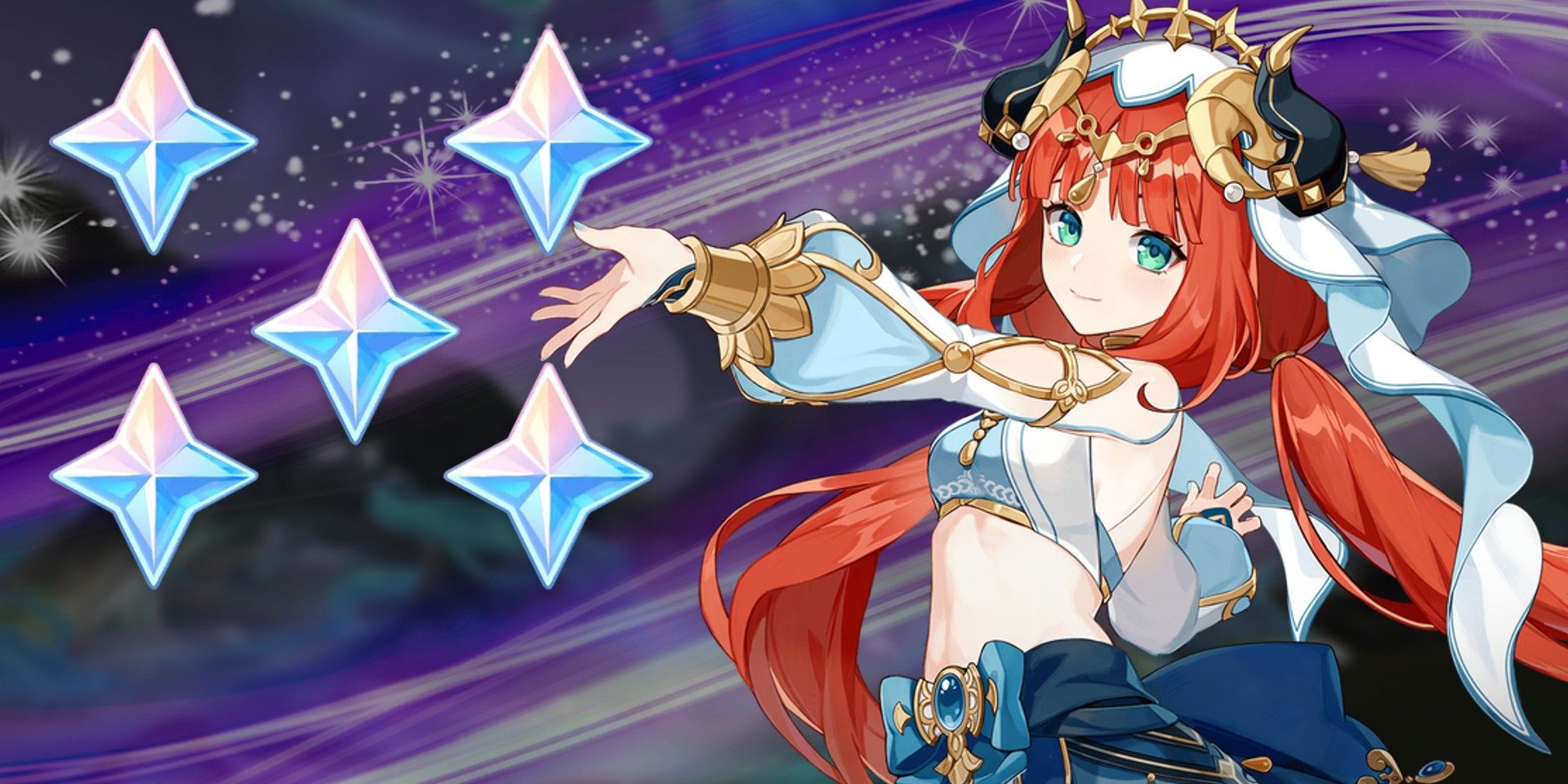 Genshin Impact's Nilou is posing to the right, with her hand extending to the left, where five Primogems are. Behind all of them is a purple energy light flow.