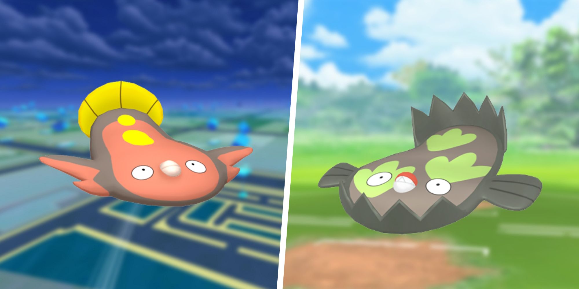 Stunfisk with the PoGo map behind split with Galarian Stunfisk with the PoGo battleifeld behind