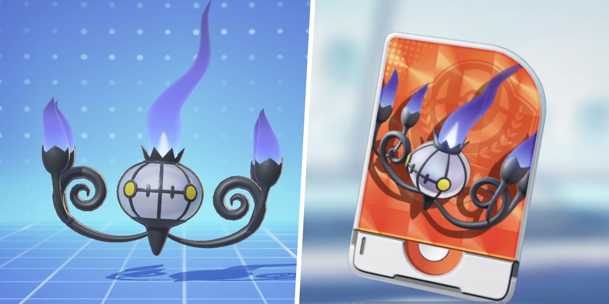 Image of Chandelure from Pokemon Unite split with an image of the Chandelure Unite License