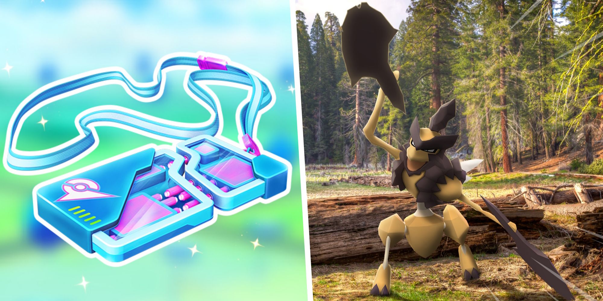 Image of a Pokemon Go Raid Pass split with an image of Kleavor in front of a fallen tree