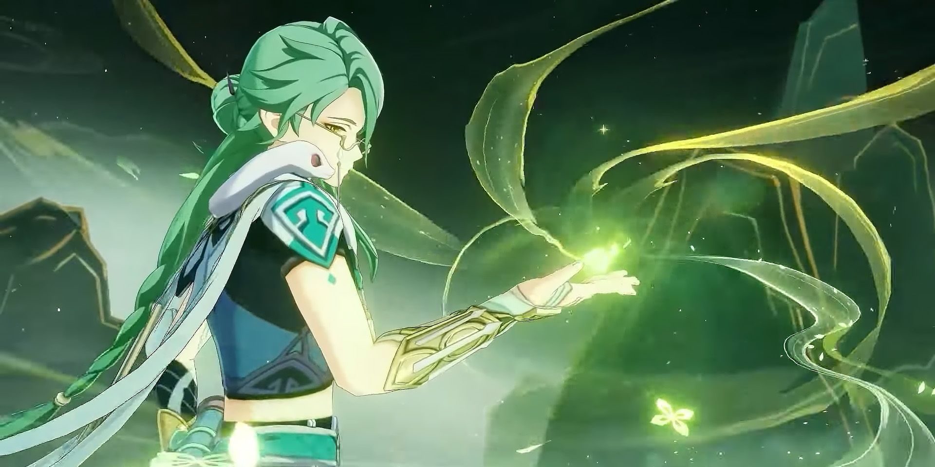 Baizhu uses his green glowing Ultimate surrounded by mountains