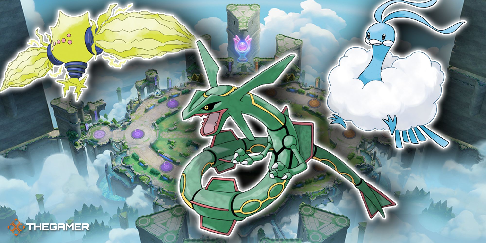 Rayquaza, Regieleki, and Altaria float above the Theia Sky Ruins.