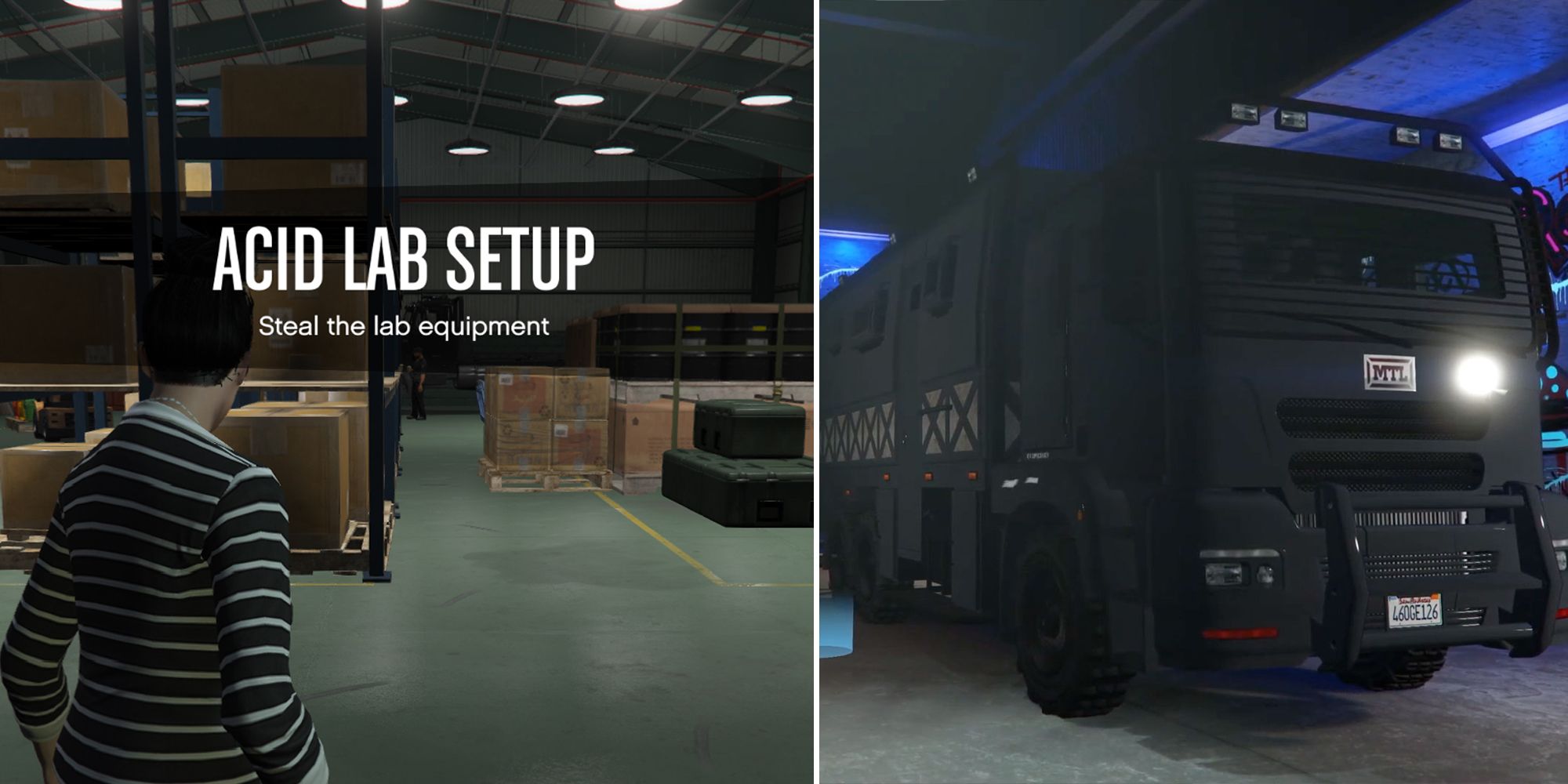 Image depicts a Grand Theft Auto Online player completing the setup mission for the Acid Lab on the left, with the lab itself in black on the right.