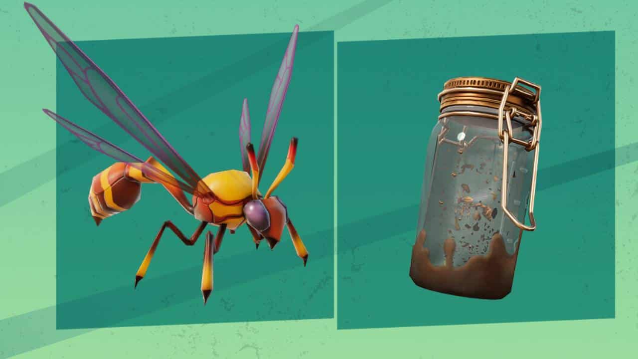 Armes fortnites : Le Wildwasp Jar sur fond vert.