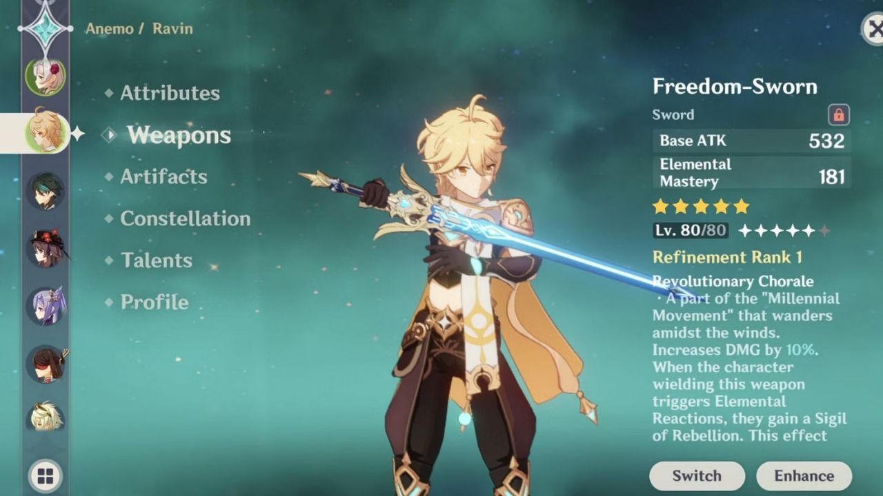 Épée jurée Genshin Impact Freedom - Meilleurs personnages