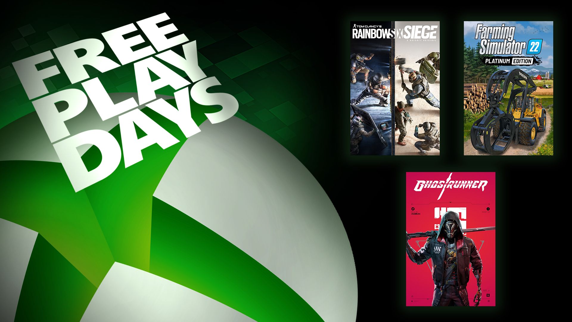 Journées de jeu gratuites - Tom Clancy's Rainbow Six Siege, Farming Simulator 22 : Platinum Edition et Ghostrunner