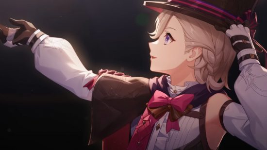 Bannière Genshin Impact Lyney : Lyney se tient sur scène portant son chapeau et sa cape de magicien, tendant la main pour tenir Lynette d'une plate-forme.