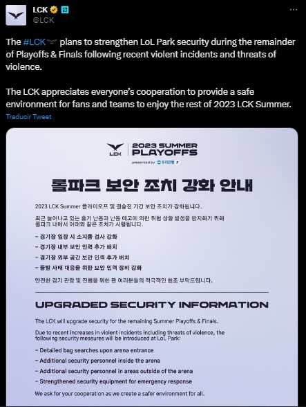 The LCK will increase security in LoL Park due to threats to Faker