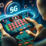 Développement de l'industrie en 2024. Que nous réserve l'avenir ? DALL·E 2023-10-31 13.36.54 - Photo d'une personne jouant à la roulette sur son smartphone, en arrière-plan un écran diffusant une partie de roulette en direct de plusieurs angles