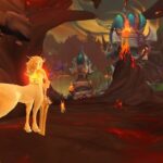 Drayds and Centaurs burn with a blazing orange glow in a burnt-out section of the Emerald Dream in WoW Dragonflight