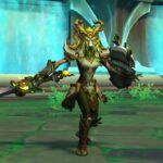 A WoWcharacter equipped with a sword and shield charging at the screen