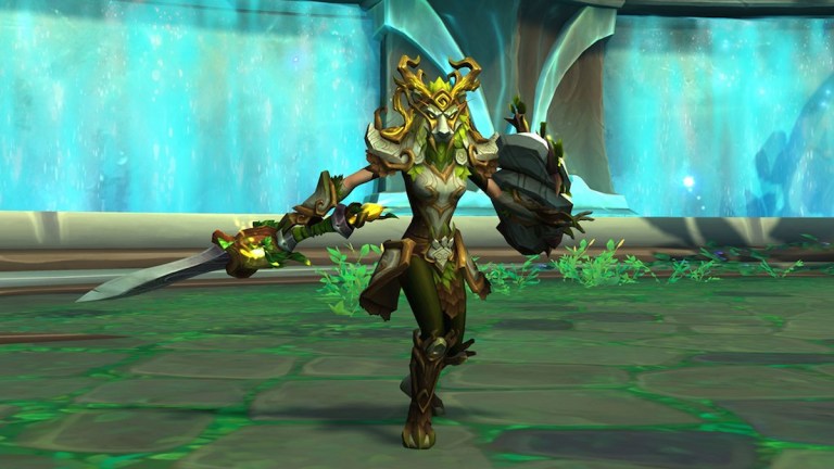 A WoWcharacter equipped with a sword and shield charging at the screen