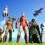 Donald Mustard, ancien patron de Fortnite, rejoint la société de films Marvel AGBO Marvel characters standing in a row in a grassy field with the Fortnite's Battle Bus and the Avengers Helicarrier in the background