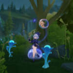 Furina sitting on a bubble by two Lakelight Lily.