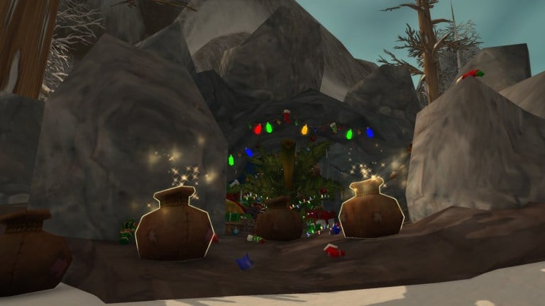 A cave in WoW Dragonflight stuffed with Winter Veil presents and decoration