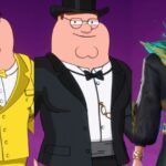 Date de fin de la saison 1 actuelle de Fortnite Montage of Fortnite skins showing Peter Griffin with a gold suit, with a standard suit, and Valeria.