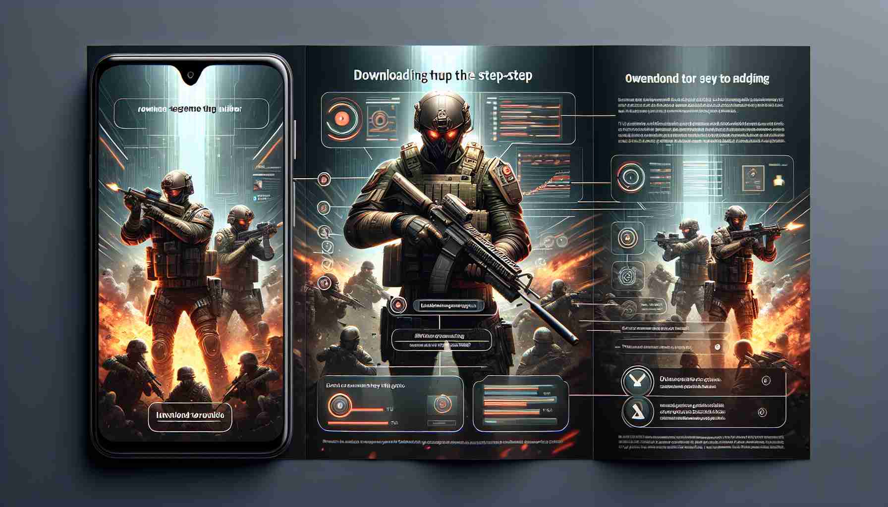 A detailed and realistic High-Definition image of an in-depth guide for downloading an intense battle royale game on an Android device, highlighting the step-by-step process through well-designed visuals and brief descriptions. The design should give an impression of a military-themed game filled with strategical elements, fast-paced action, and immersive gameplay.
