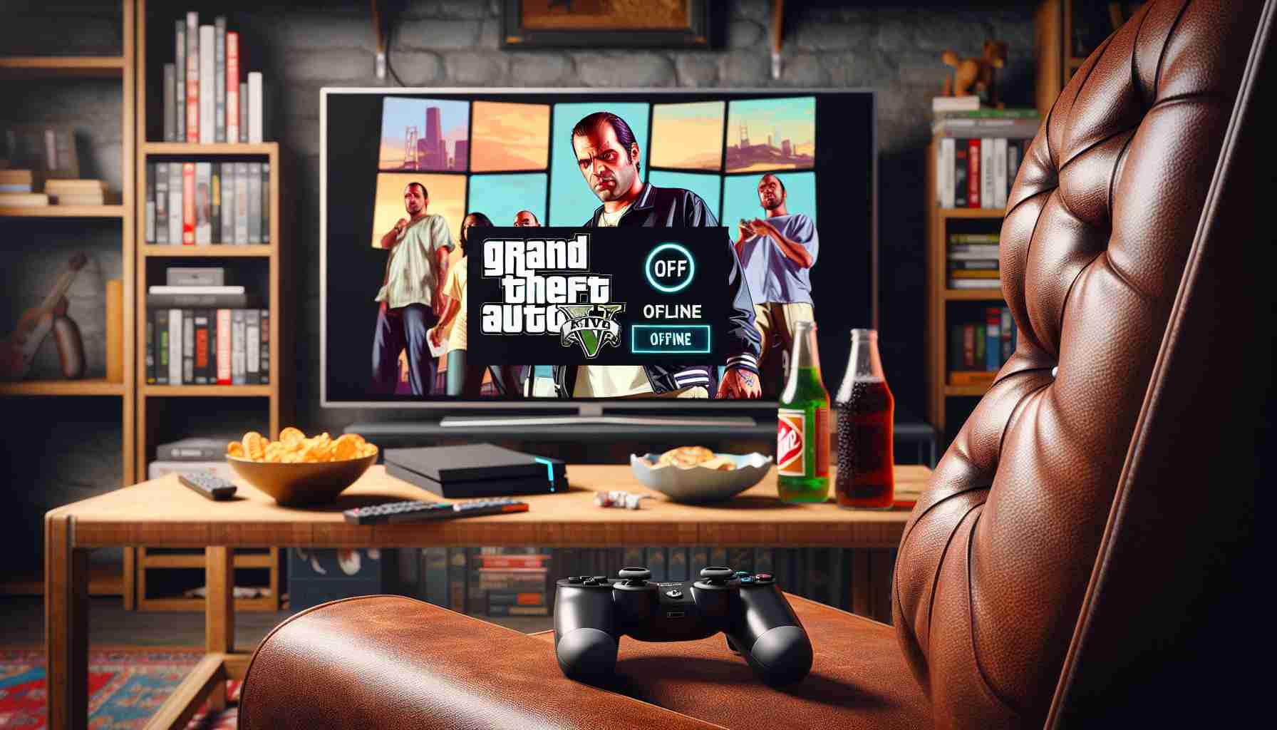 An ultra-high-definition image representing the concept of playing the popular video game known as GTA V in offline mode. The image contains a console controller in the foreground with the television showing the start screen of the game with an 'Offline Mode' option highlighted. A comfortable leather chair, snacks and soft drink can be seen nearby, suggesting a leisurely gaming session at home.