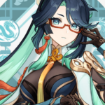 Blue-haired woman with glasses looking at the screen.
