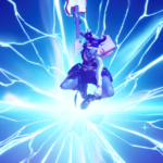 Utilisez un contrôleur de Guitar Hero avec le Festival Fortnite Fortnite character holding a guitar next to a cracked background. Screenshot via Dot Esports.
