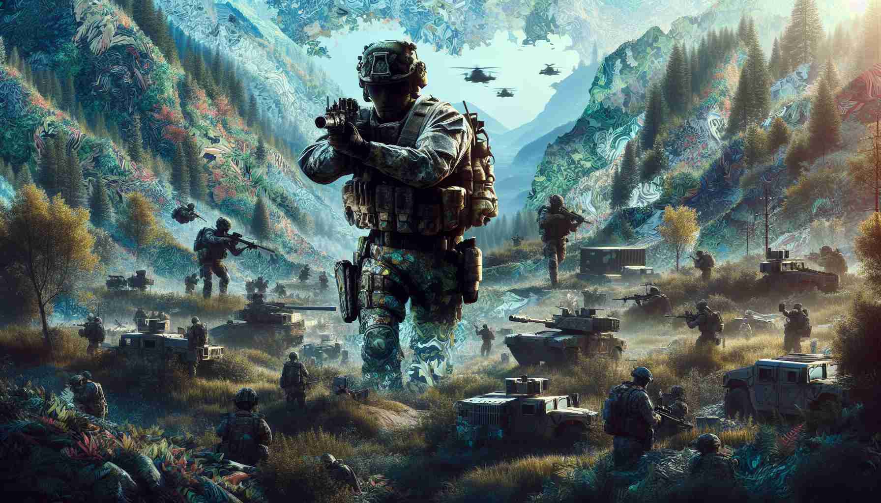 Generate an image of a realistic, high-definition scenario in a modern warfare video game setting. The theme is 'Unlock The Hundreds Camo', depicting an environment filled with varying shades of intense camouflage patterns inspired by the hues and shapes of forests. It's teeming with tactical gear, a blend of natural and artificial elements, and the tension that comes from imminent conflict. The concept of unlocking implies the presence of a key or some form of accomplishment. Refrain from including any specific video game logos or direct references.