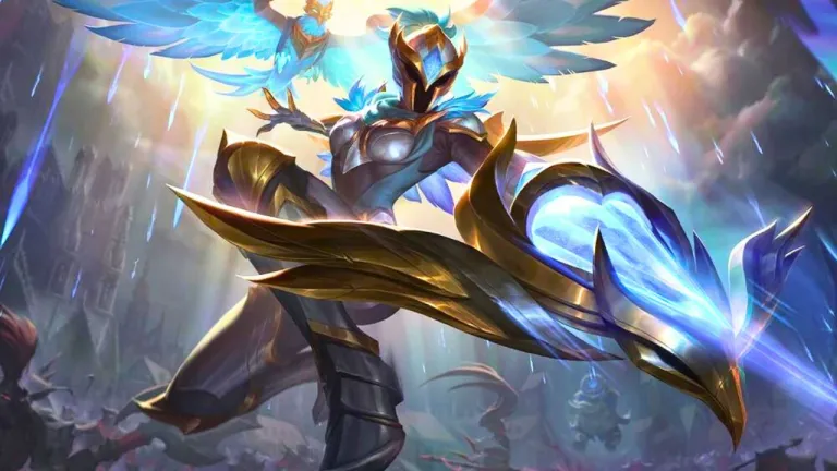 Quinn from League of Legends in her Warden skin preparing to fire a blast of energy.