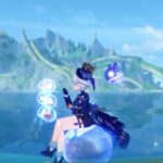 Furina sitting on a bubble by a Mini Seelie.